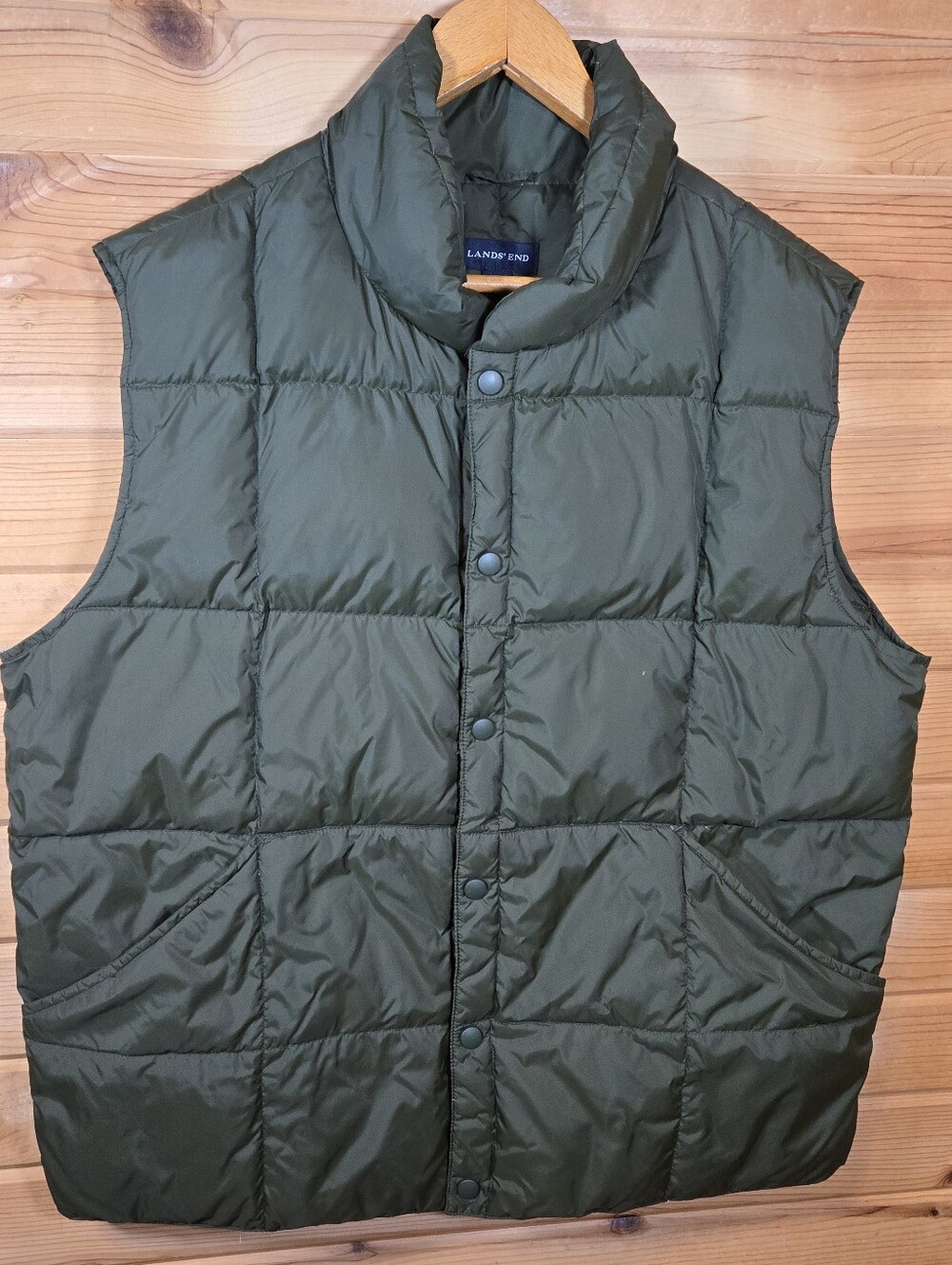 Lands' End Men's Large Puffer Vest  Olive Green Down Snap Pockets Fall Outdoor